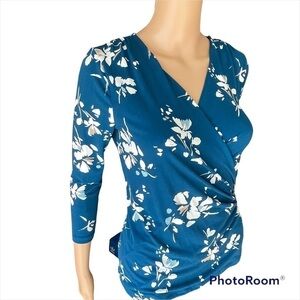 CHARTER CLUB ,Floral Teal and White ,  Side Cinch Top 3/4 Sleeve, Stretch …